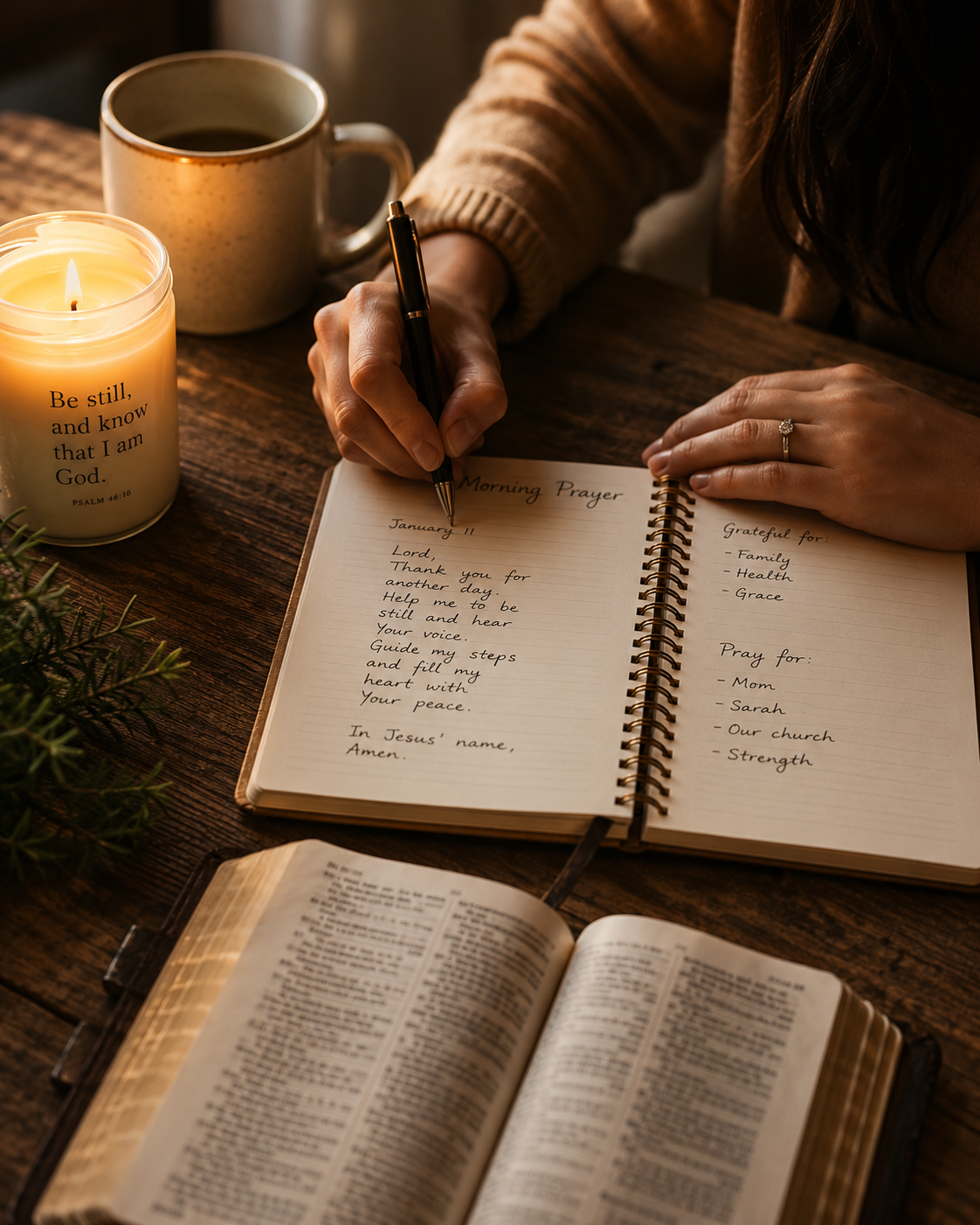 Diario de oración abierto junto a una Biblia y una vela